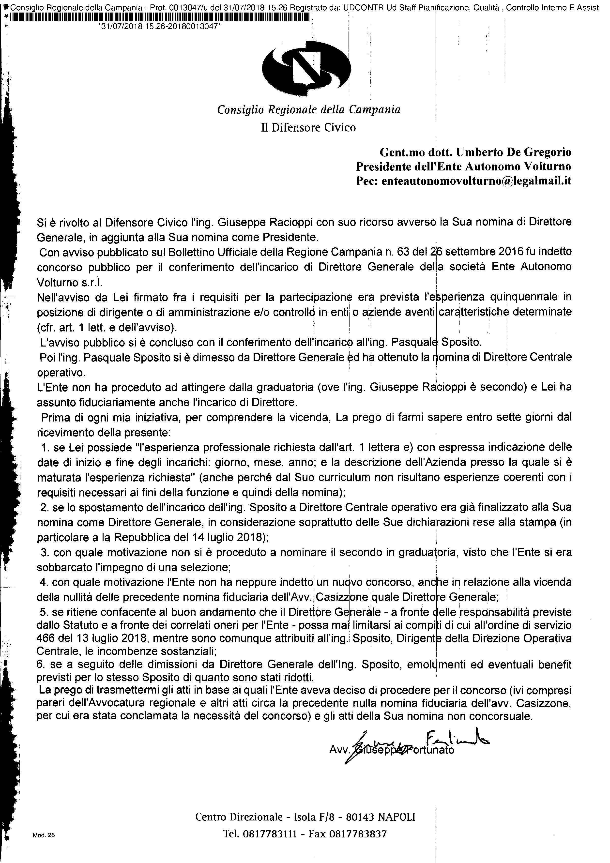 Difensore Civico Regione Campania - Ente Autonomo Volturno e il pasticcio della presidenza