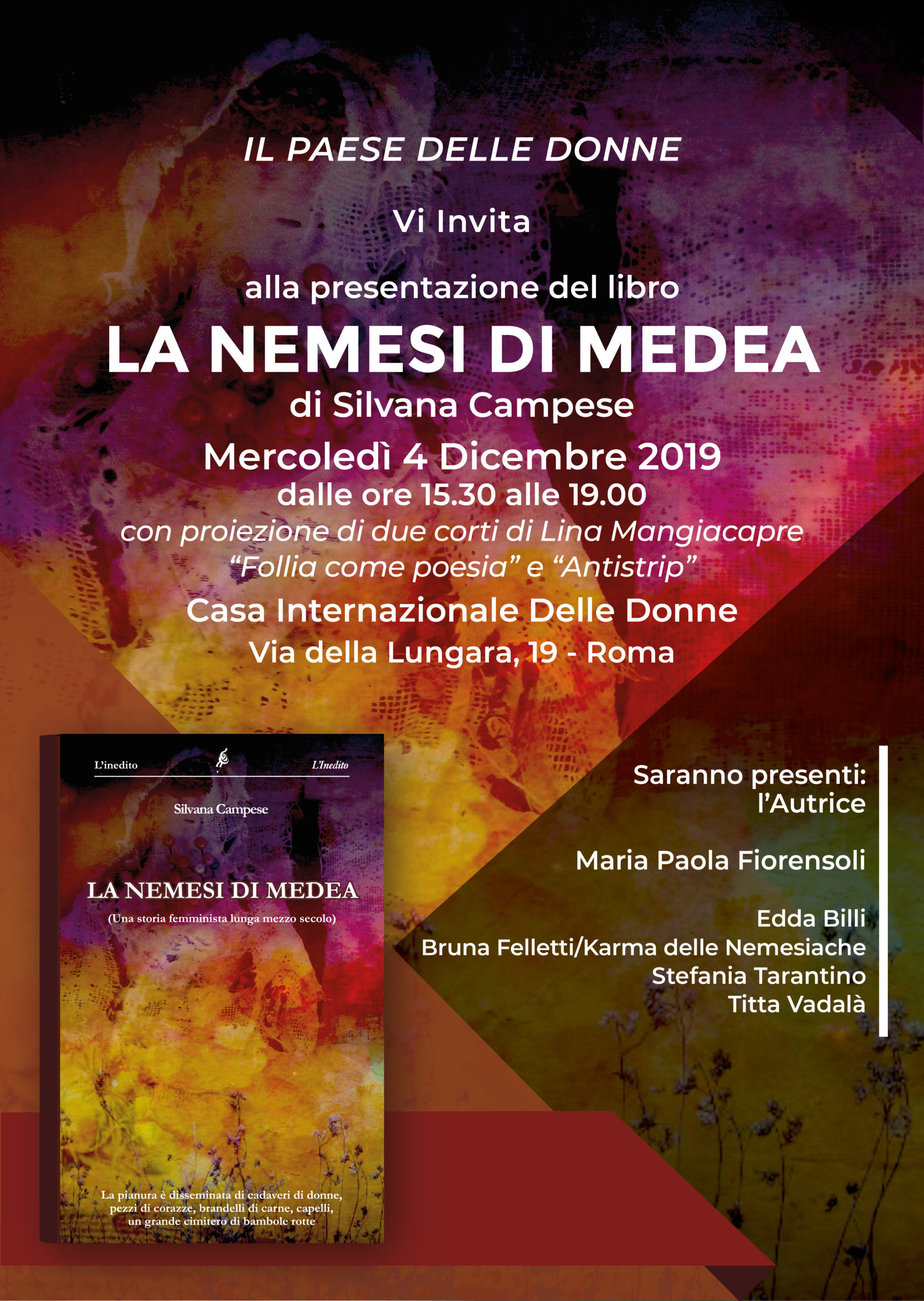 A Roma, alla Casa Internazionale delle Donne, sarà presentato il 4dicembre 2019 il libro della Nemesiaca Silvana Campese LA NEMESI DI MEDEA