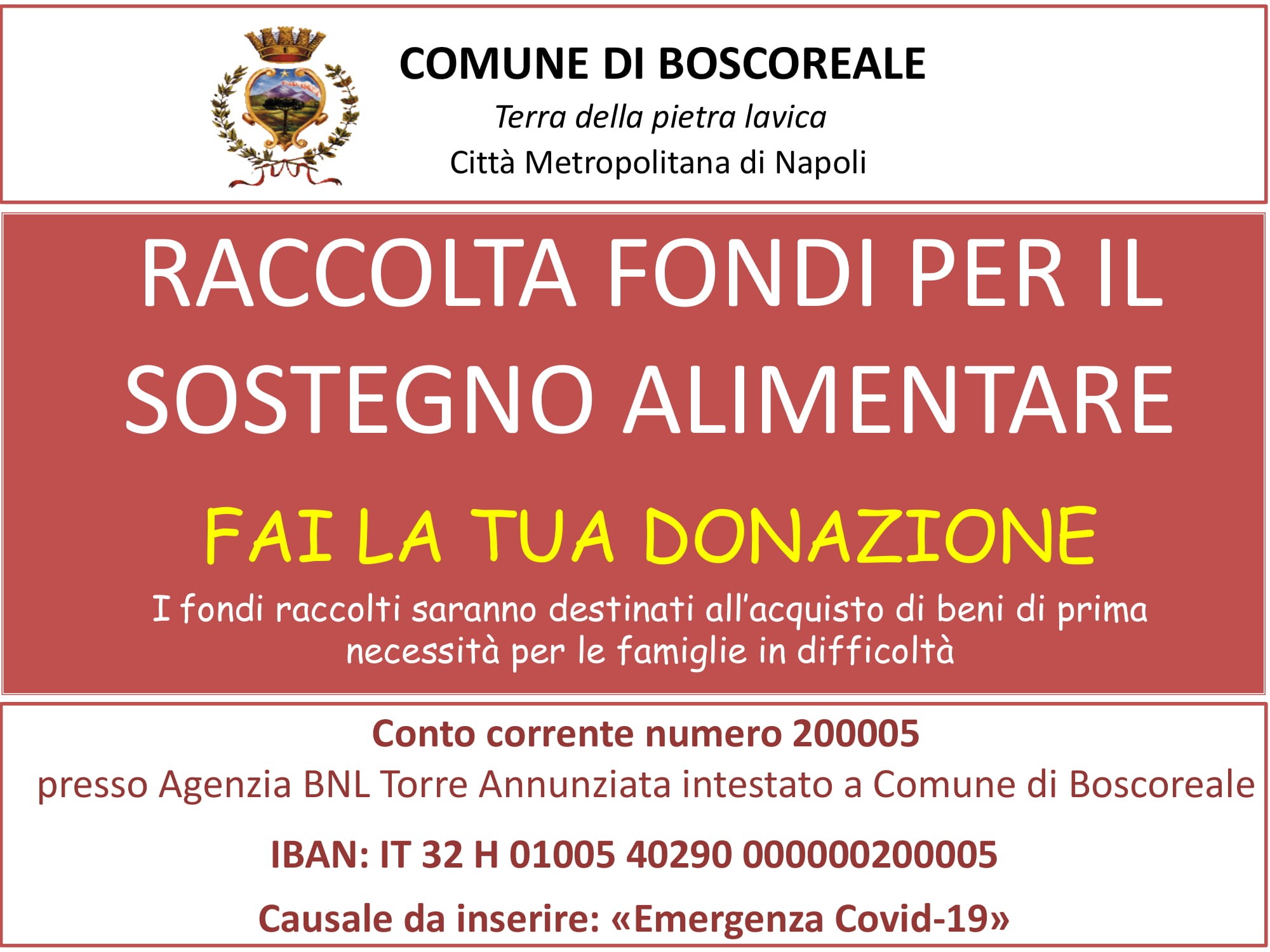 Boscoreale (NA) apre un conto corrente per donazioni di solidarietà contro il COVID-19