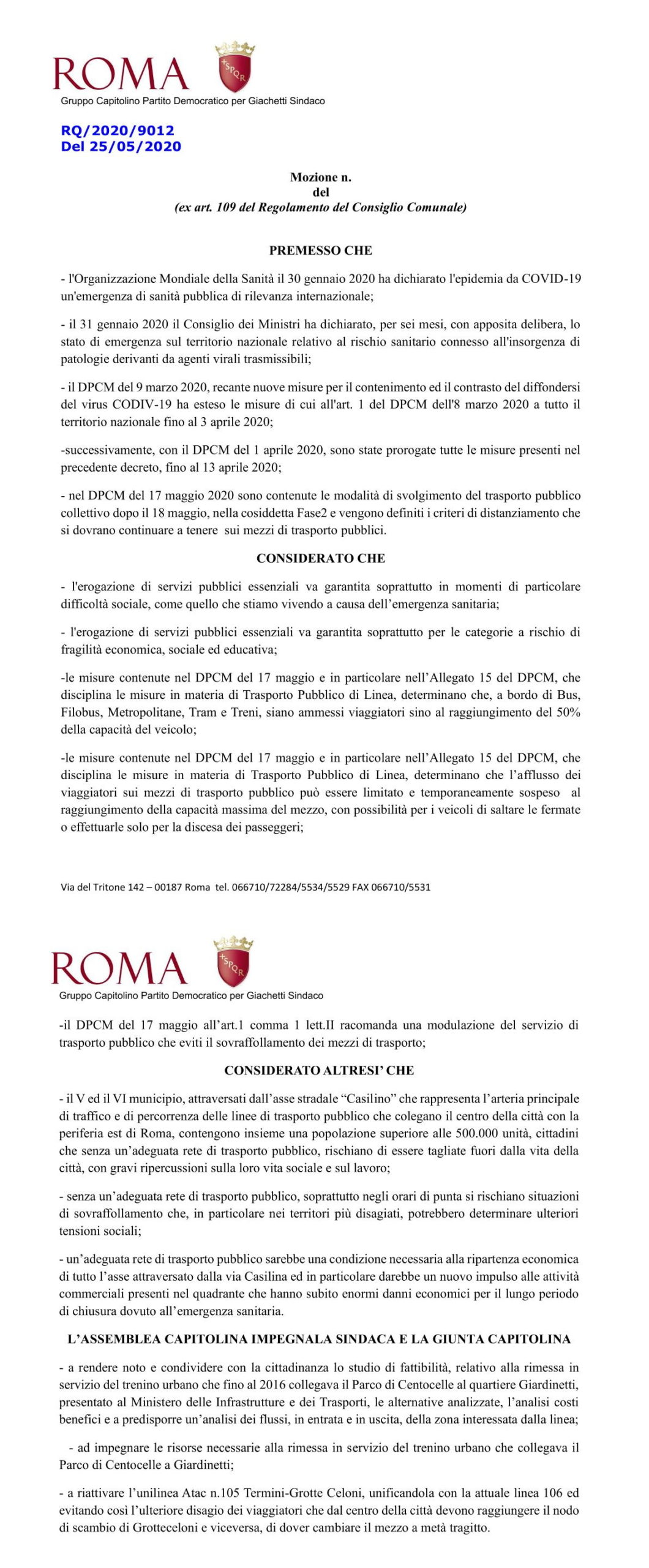 Trasporti - Baglio / Angelucci (PD): "riaprire tratto trenino parco di Centocelle-Giardinetti e ripristinare linea 105