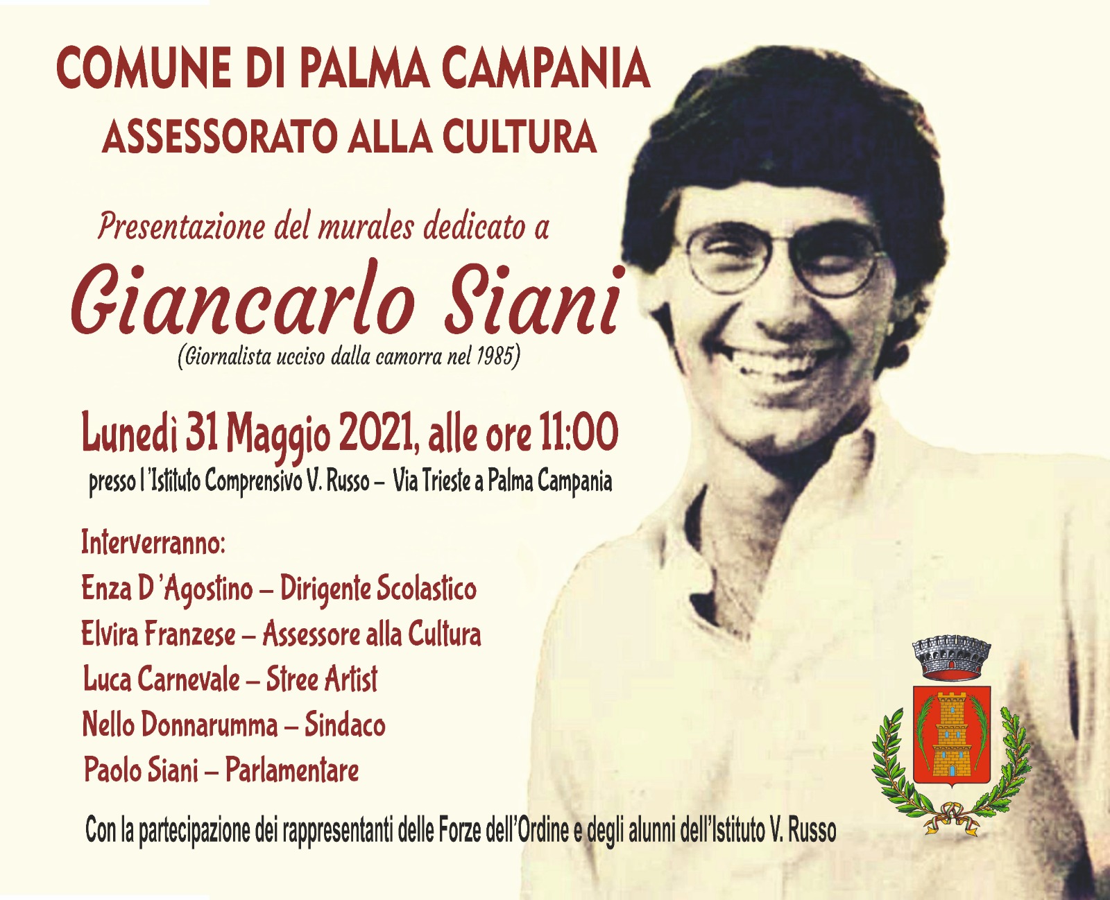 Palma Campania, lunedì la presentazione del murales dedicato a Giancarlo Siani